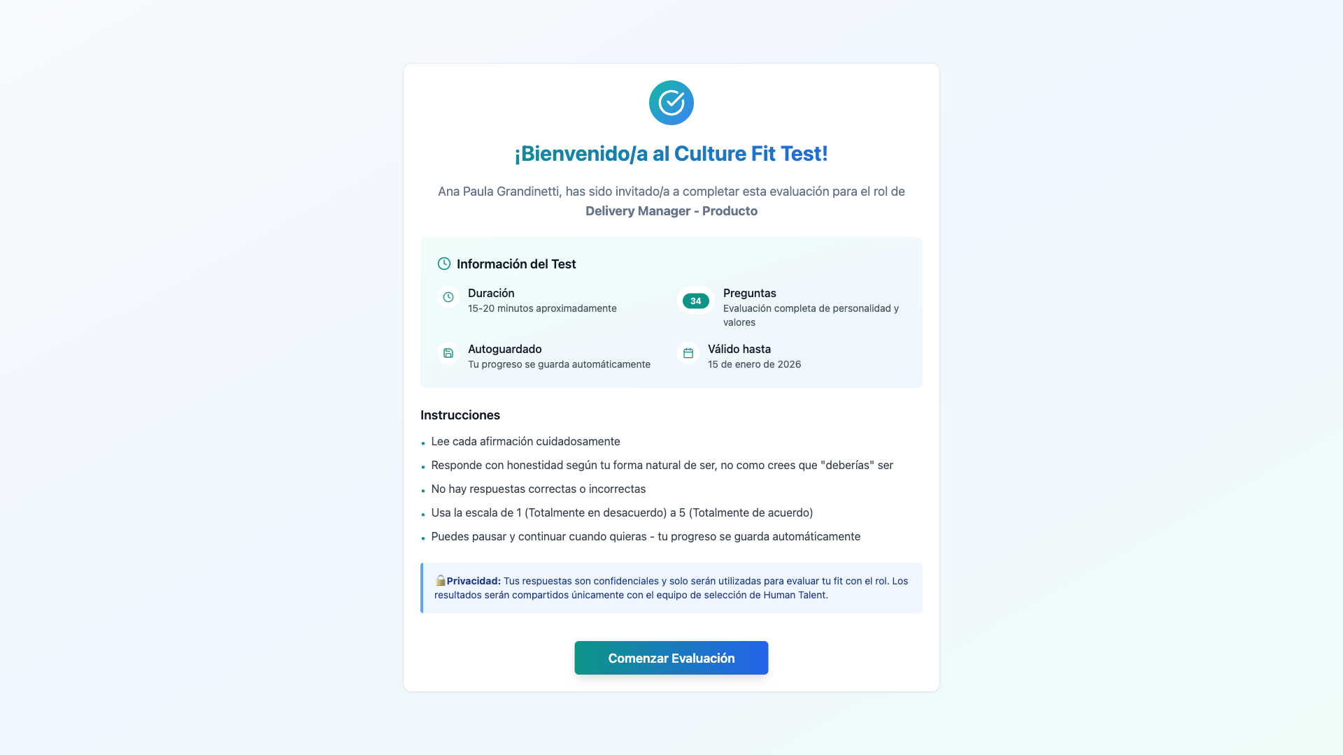 Página de introducción del test